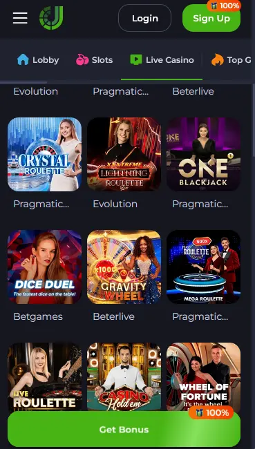 Jeet City Casino live casino games displayed in the mobile browser