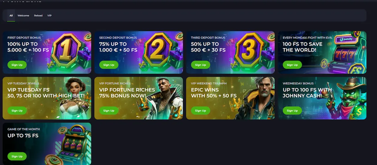 Active welcome, reload, and VIP bonus promotions listed at Jeet City Casino