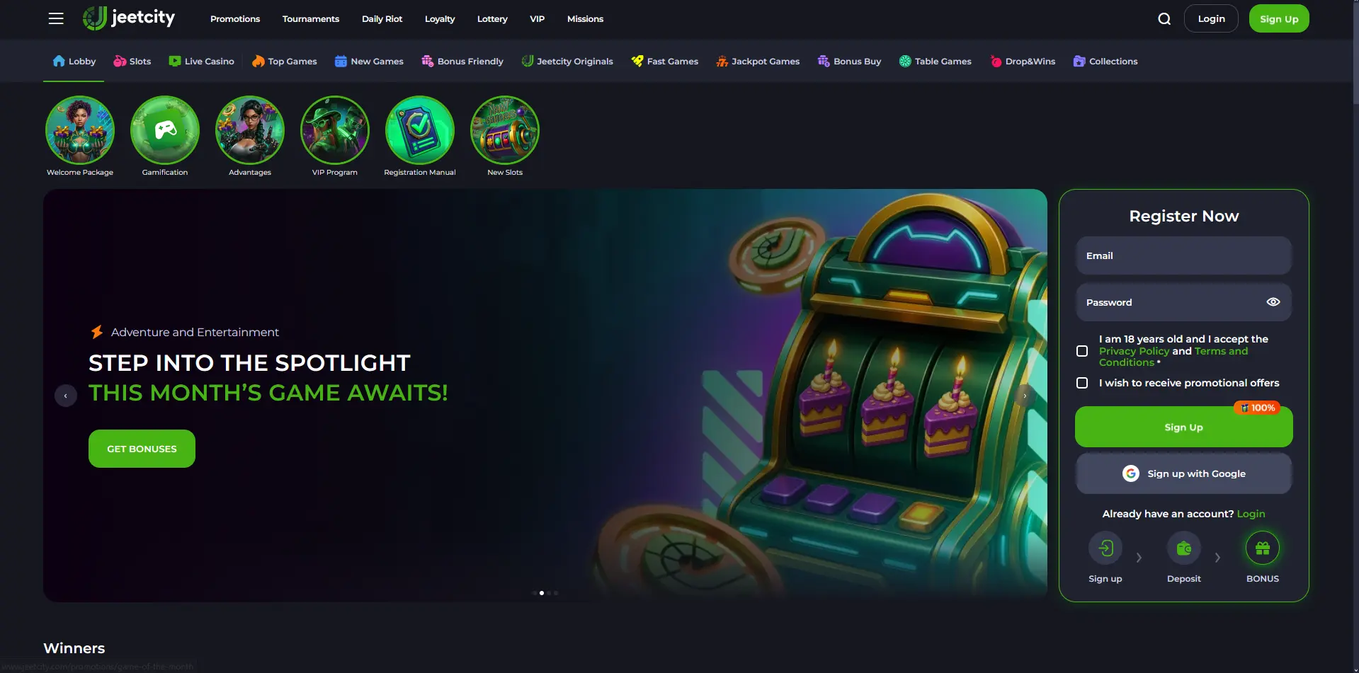 Jeet City Casino homepage lobby with pokies and live casino navigation