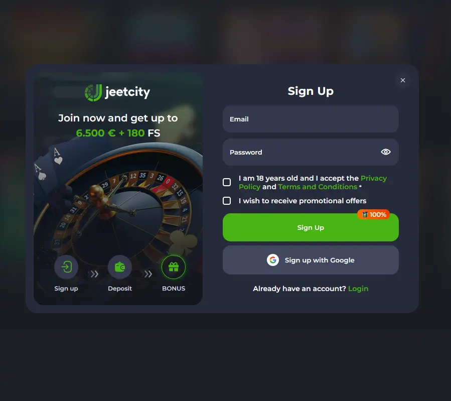 Jeet City Casino sign-up form for creating a new account